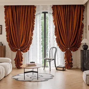European Velvet Silk Vintage Ruffle Curtain, Home Decoration Curtain, Luxurious Elegant Drapes for Living Room Bedroom, Retro Style Home Decor