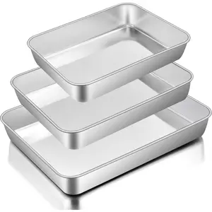 Baking Pans Set of 3, Stainless Steel Sheet Cake Pan for Oven - 12.5/10.5/9.4Inch, Rectangle Bakeware Set for Cake Lasagna Brownie Casserole Cookie, Non-toxic & Healthy, Dishwasher Safe