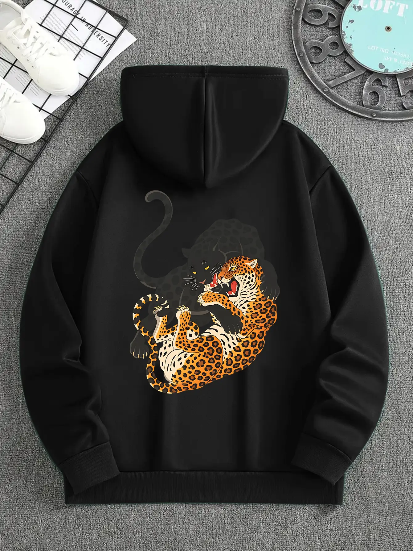 Unisex Oversized Dual Clashing Black Panther & Spotted Leopard Full Color Wildlife Graphic Pullover Hoodie, Men's Tops, Minimalist Edgy Streetwear Loose Casual Hooded Sweatshirt, Adjustable Breathable Everyday Loungewear Fabric