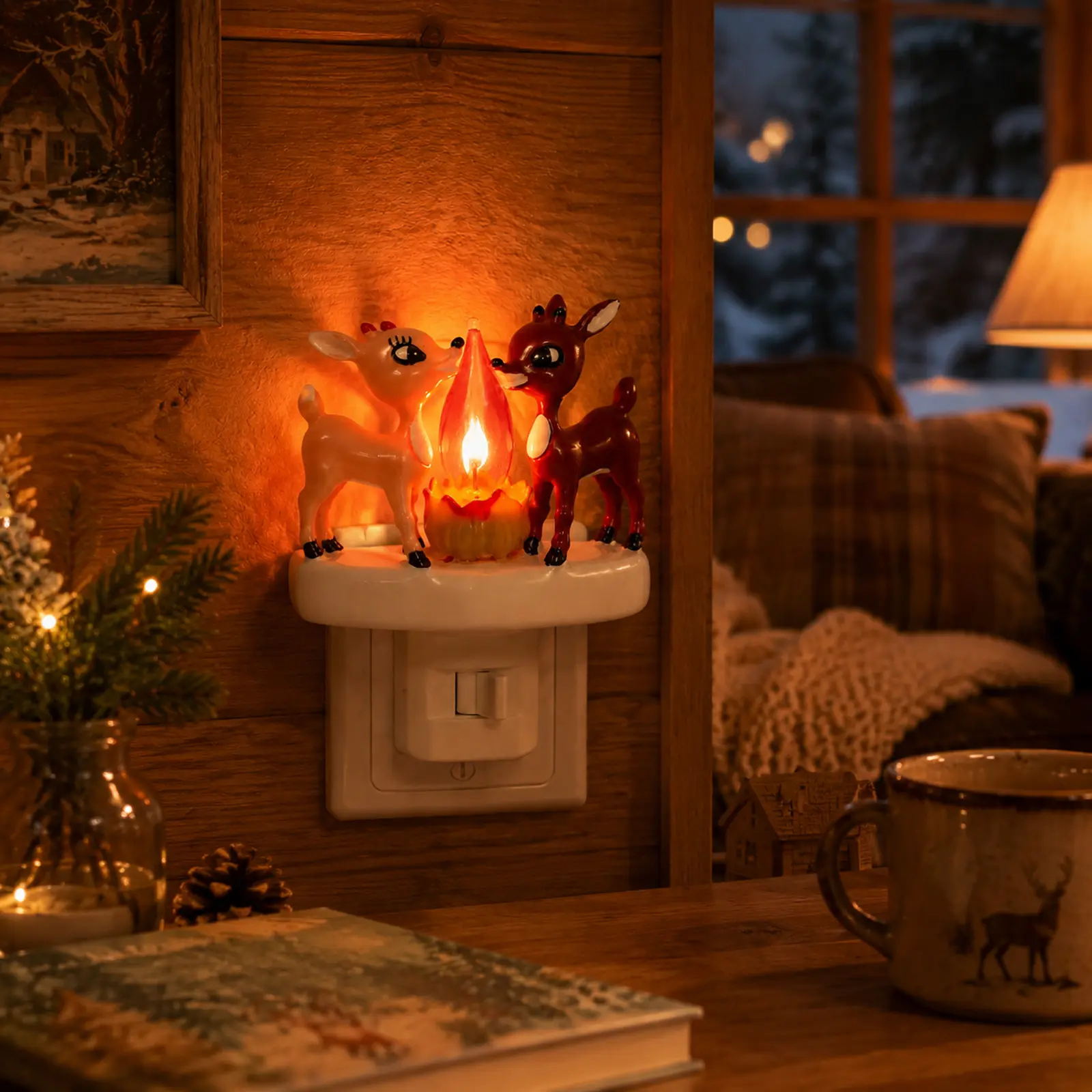 Reindeer Night Light with Flickering Flame – LED Faux Campfire Lamp for Christmas & Halloween Decor, Warm White Twinkling Nightlight for Bedroom, Living Room – Plug in Holiday Home Decoration