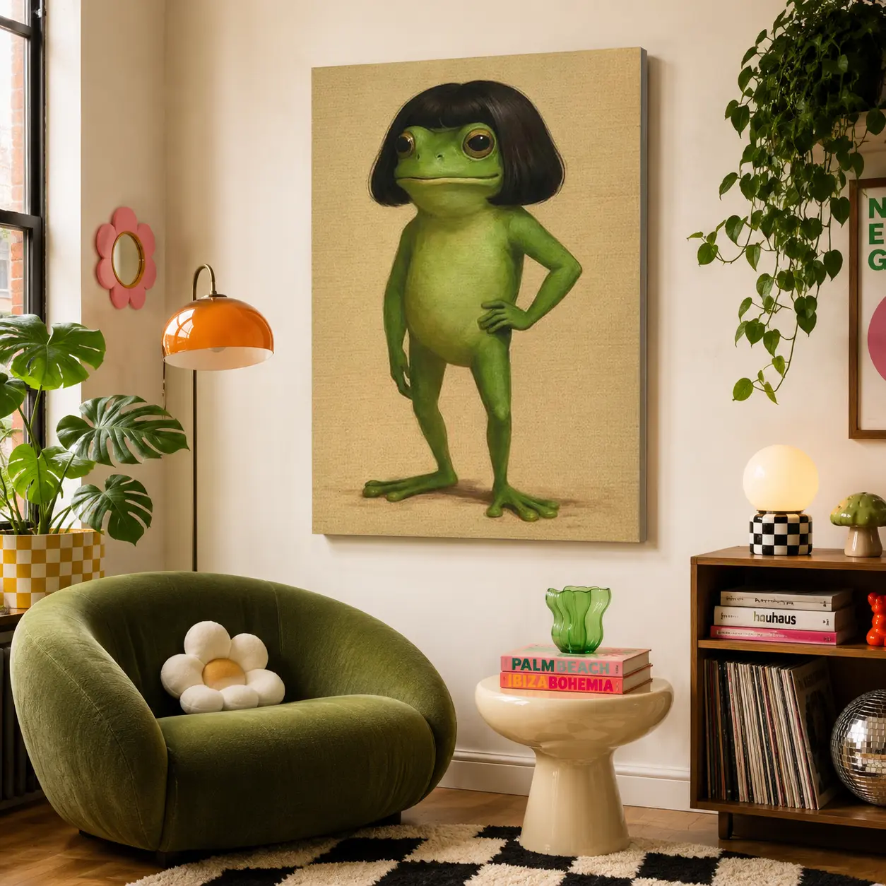 Whimsical Frog Portrait Canvas Poster Funny Animal Abstract Mimalist Green Funny Frog Poster Art Print Bob Haircut Kids Playroom Decor Frog Lover Gift Unique Wall Art quirky wall decor opossum humor artwork funny poster unique art decor Decoration