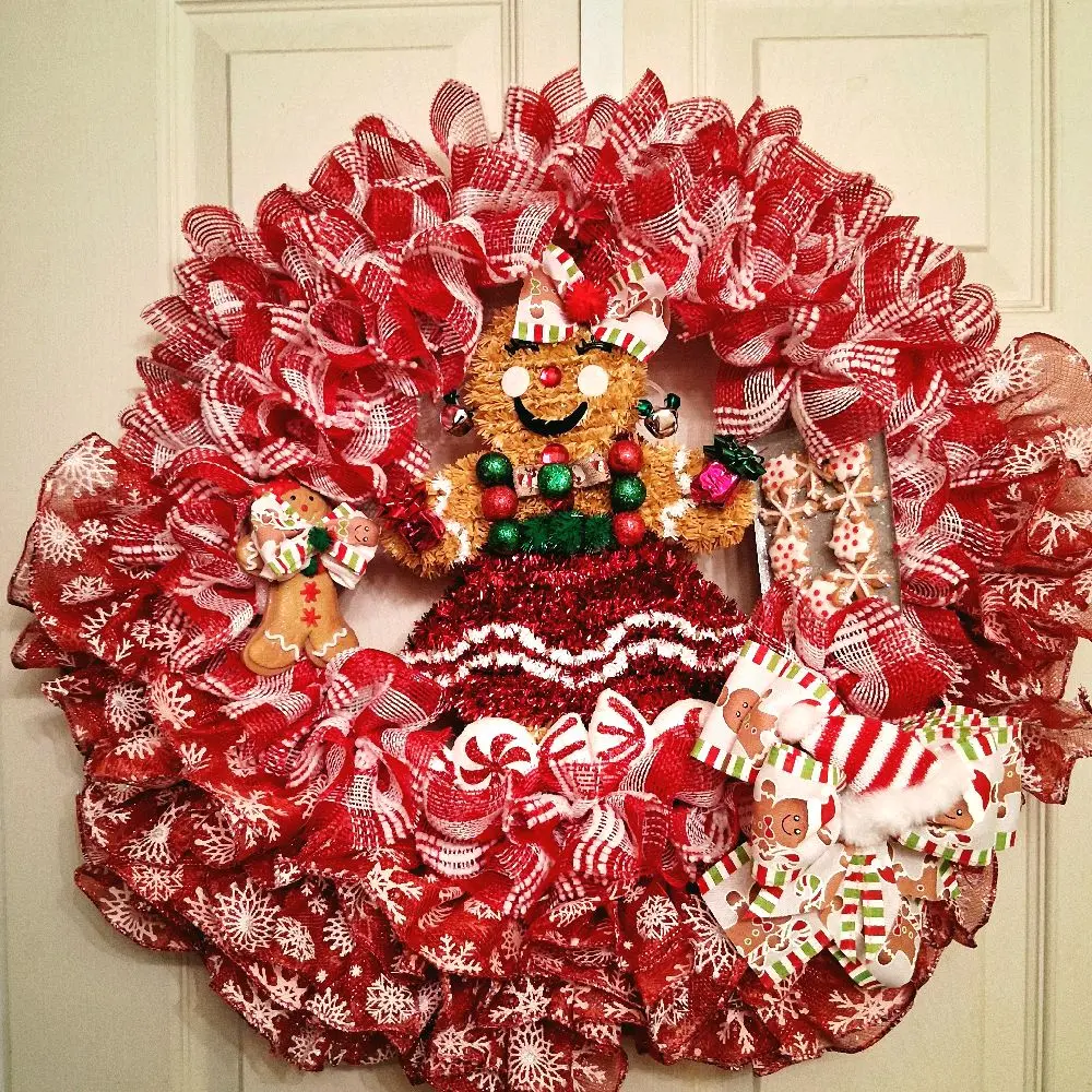 Gingerbread Holiday Wreath - Red and White Mesh with Gingerbread Man and Cookies Unique Design Exclusive Creation