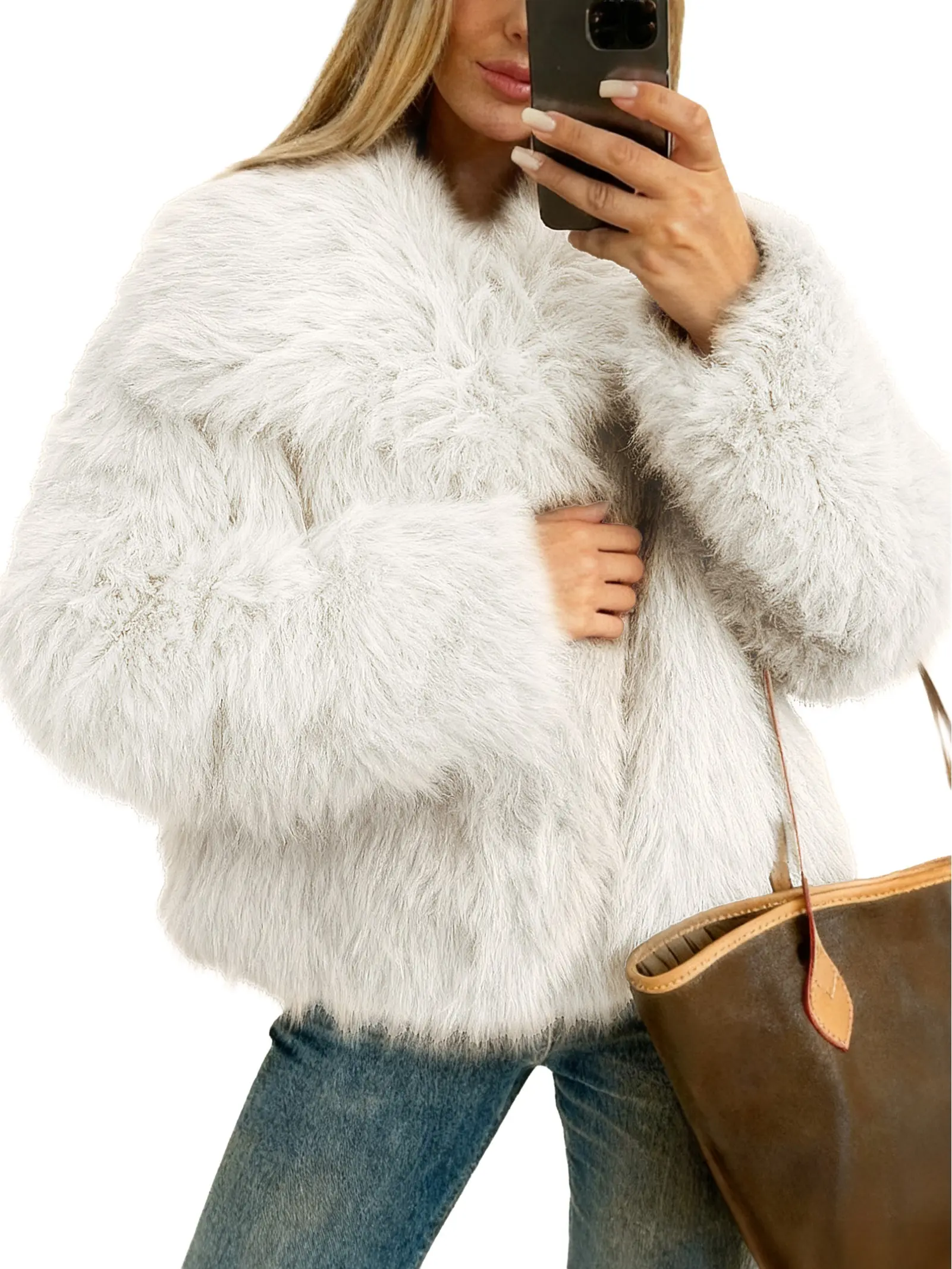 Women's Shaggy Faux Fur Coat, Furry Cropped Lapel Jacket with Pockets, Warm Outerwear for Party, Holiday and Everyday Wear, Fuzzy, Lady, Xl, Plain, Dry Clean, Cruelty‑Free Faux Fur