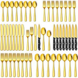 48-Piece Glossy Gold Stainless Steel Flatware Set (Service for 8) | Includes Steak Knives, Durable Knife Fork Spoon Cutlery, Dishwasher Safe, Perfect for Spring Brunch & Summer Outdoor Parties