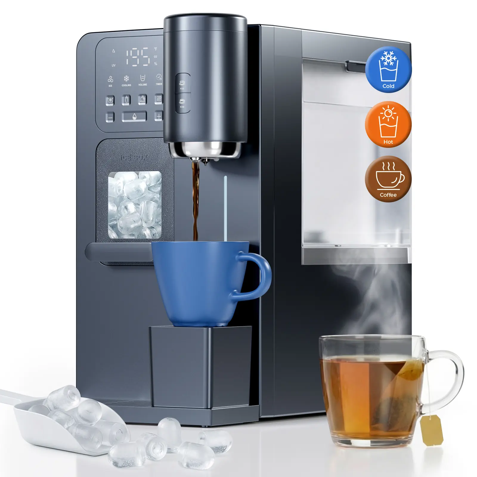3-in-1 Countertop Ice Maker Water Dispenser & Coffee Brewer, Hot/Warm/Cold Adjustable Water Volume, 1–12H Timer Bullet Ice Machine, Compatible with K-Cup & Ground Coffee for Home Office Dorm Gift