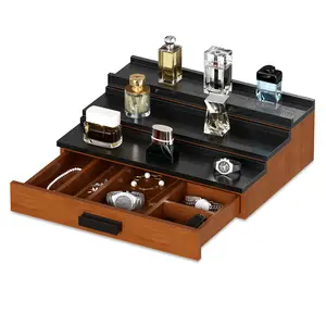 Pine Wood Perfume Display Stand with Drawer - 3-Tier Storage Organizer for Vanity, Bedroom & Retail, Box, Decor