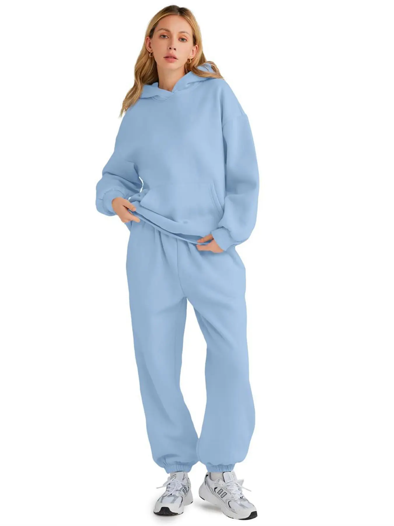 Women's Plus Size Soft Electric Blue 2-Piece Sweatsuit Set Outfit - Loose Hoodie & Sweatpants, Practical Lounge Set for Fall Casual Wear, Travel, Loose Fit, Polyester, Plain, Solid Plain, Fashionable And Practical, Female, Machine Wash