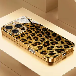 2025 New Fashion Gold Leopard Print Luxury Electroplated Glass Smartphone Case, Scratch-Resistant, Dirt-Resistant Cover for iPhone 17/17Air,16/16E,15,14,13,12,11 (Pro,Pro Max,Plus) - Cellphone Protection Accessory