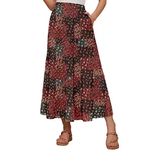 Women's High Waisted Maxi Skirt,Elastic Chiffon Boho Long Skirt with Pockets Fit Pleated Bohemian Beige Floral Fit Bottom