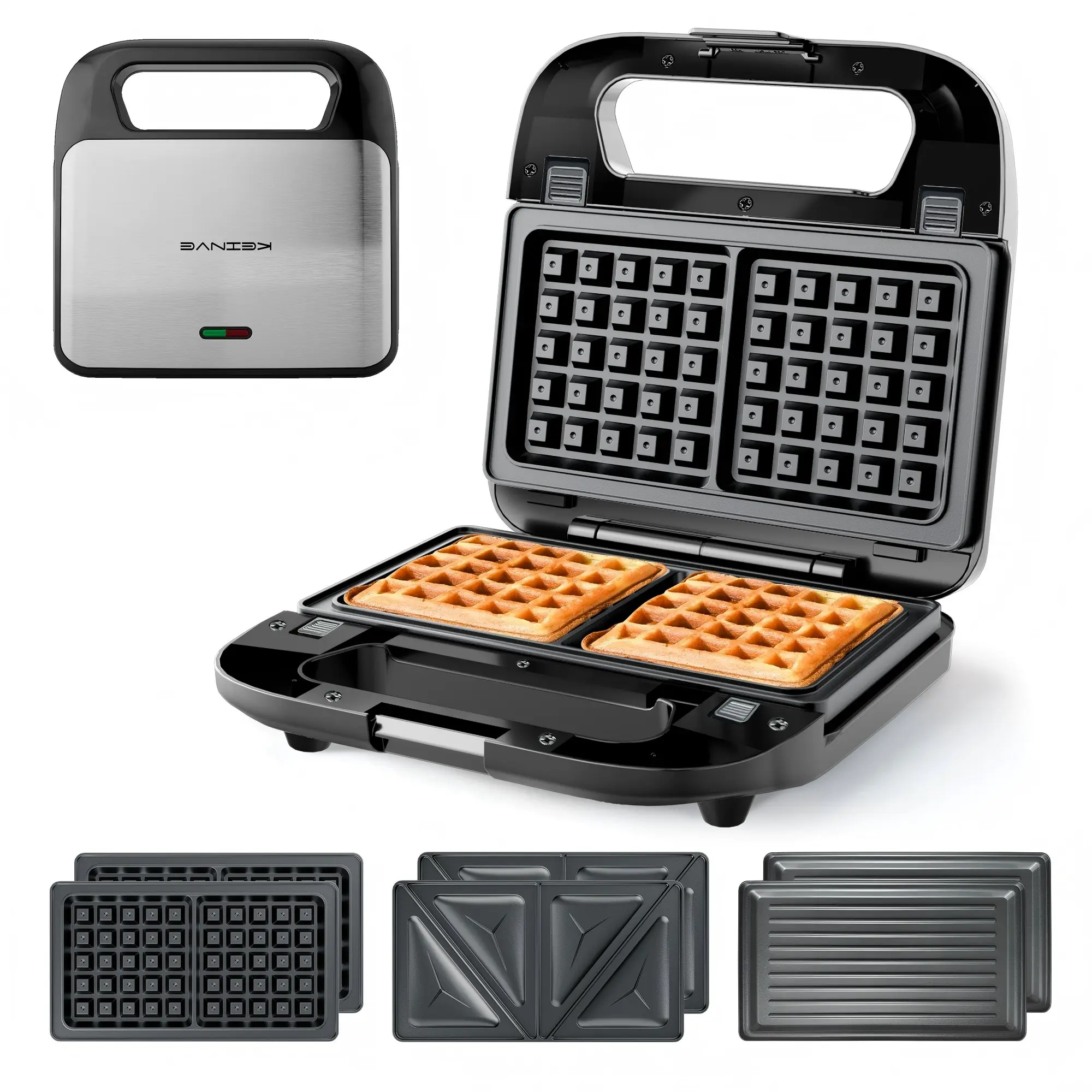 KEINVE 3-in-1 Sandwich Maker, Waffle Maker and Panini Press Grill, 800W Electric Breakfast Machine with 3 Detachable Non-Stick Plates, LED Indicator Lights, Cool Touch Handle with Latch, Black