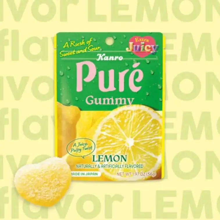 Kanro Pure Gummy Candy, Lemon Flavor,Sour Powder ,1.97 oz【Cute Heart-Shaped】