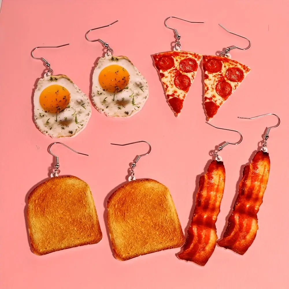Women's Handmade Acrylic Food Minifigure Dangle Earrings - Fried Egg, Pizza, Toast, Bacon Designs, Casual Hip Hop Cute Style, Handmade Craft Copper-Accent Personality Gift for Women