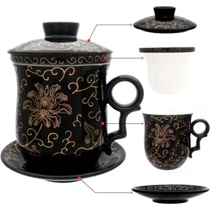 Porcelain Tea Cup with Infuser Lid and Saucer Sets - Chinese Jingdezhen Ceramics Coffee Mug Teacup Loose Leaf Tea Brewing System for Home Office