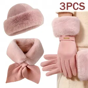 [Winter Warmth Accessory Set] 3pcs Winter Warmth Accessory Set - Stylish Touchscreen Fingerless Glove, Cross-Thickened Scarf, Plush Hat |   Perfect for Cold Weather and Outdoor Activities, Ideal Christmas or Valentine's Day Gift