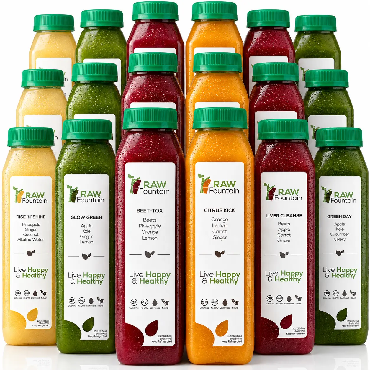 7 Day Juice Cleanse Detox by RAW Fountain, All Natural Raw & Vegan, Cold Pressed Fruit & Vegetable Juices, Tasty & Energizing, 42 Bottles 12oz
