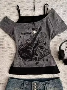 Women's Vintage Gothic Punk Graphic Print Short Sleeve Halter Top, Soft Streetwear Shirt, Guitar Design, All Season Casual Wear
