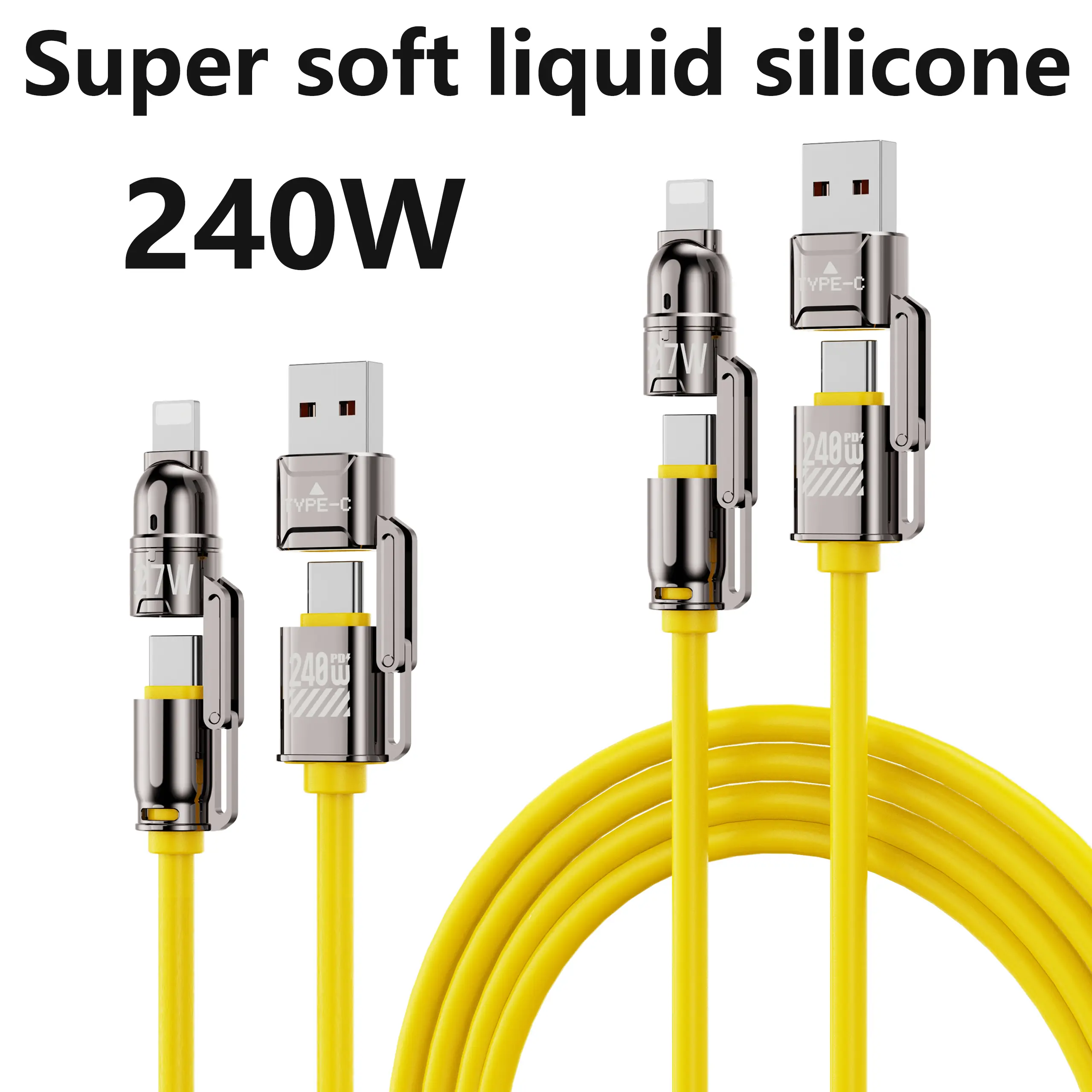 240W Fast Charger Set with Super Soft Liquid Silicone Alloy Aluminium Adapter & 3.9FT 4-in-1 USB A+Type C Data Sync Cable for Smartphone, Cellphone, Android, Electronic Devices