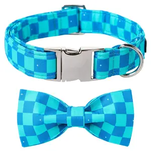 Maca Bates Blue Checkered Dog Collar with Bow Tie – Adjustable, Soft, Breakaway Plaid Gingham Collar for Small to Large Male Dogs, Summer Pet Accessory