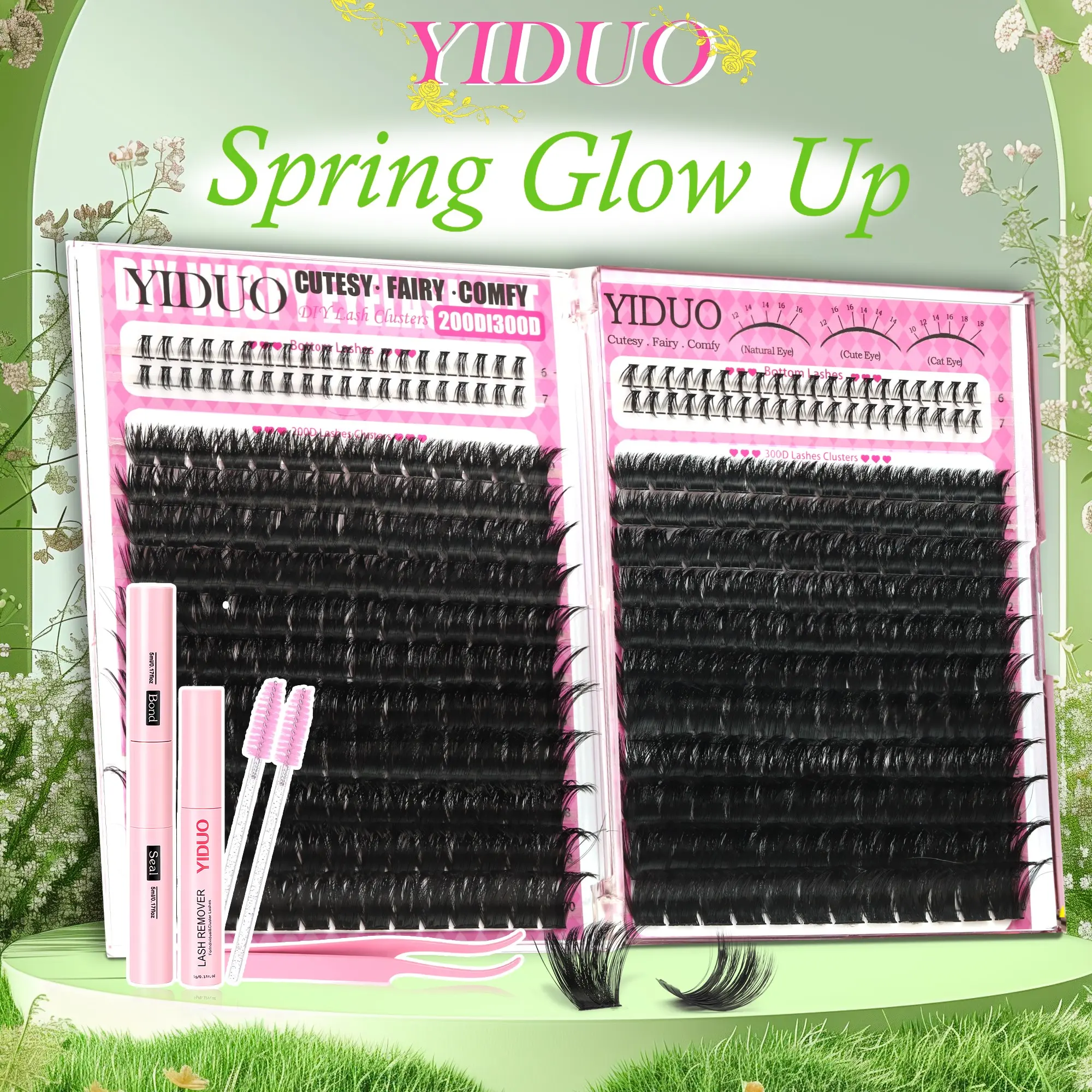 YIDUO Eyelash Cluster Kit, Longer Looking Eyelashes, 3 Styles: 200D, 300D & Bottom Lashes, 6–20mm D-Curvature Individual Lash Extension Kit With Lash Bond and Seal, Remover, Tweezers & Eyelash Brush, DIY at Home Eyelash Extensions Set