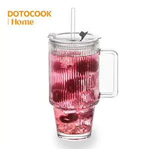 Vertical Striped Glass Tumbler with Handle, 1 Count Transparent Glass with Glass Straw & Lid, Drinking Cup for Cocktail, Juice, Milk Tea, Housewarming Gift