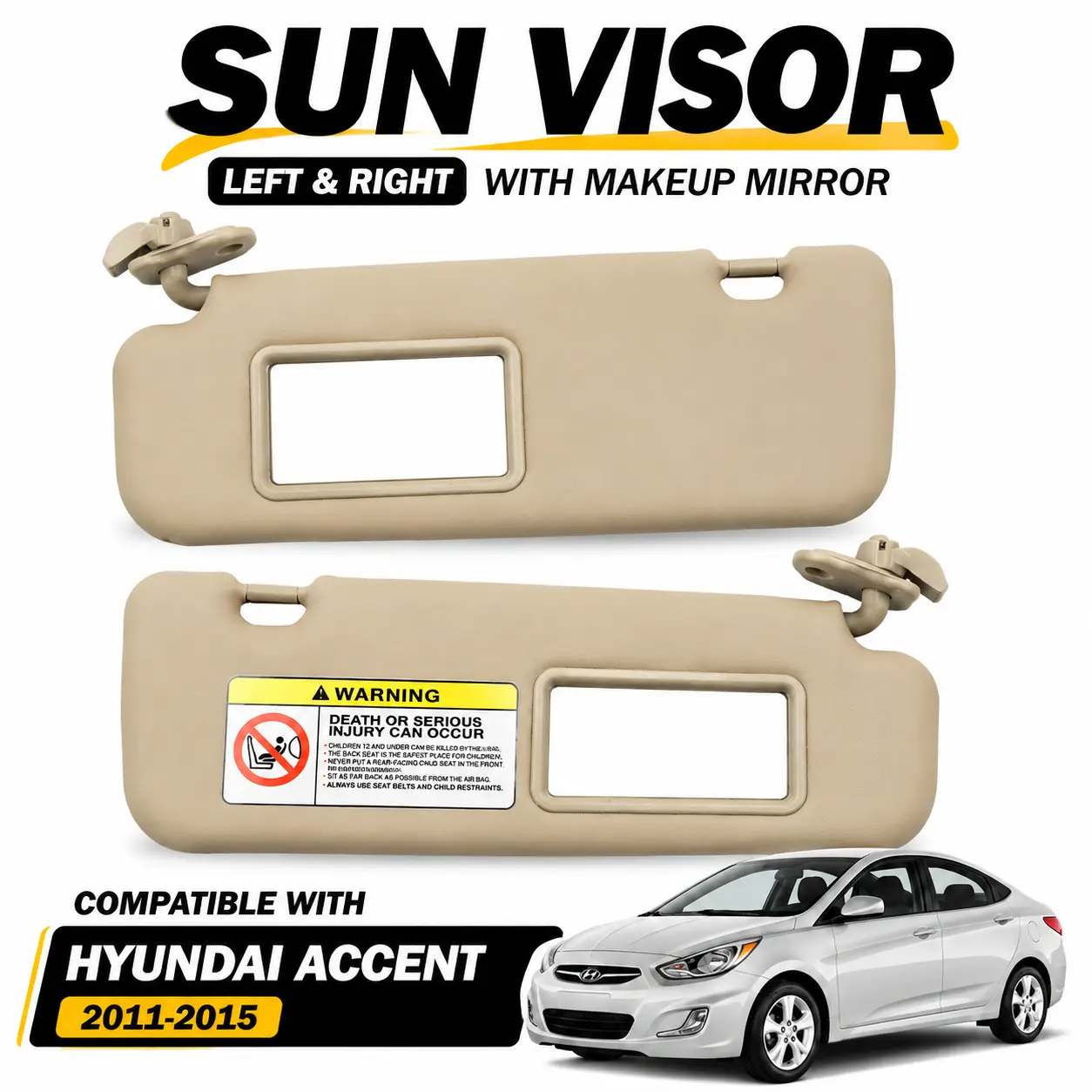 ABS Automotive Front Sun Visor Pair - Driver Left & Passenger Right, Beige, OE 85210-1R000, Fit for Hyundai Accent 1E 2011-2015, with Makeup Mirror, Matte Finish, Anti-Glare, Adjustable Angle, Automotive Car Accessories, DIY Sun Protection Shade