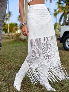 Women's Lace Patchwork Fringe Skirt, High Waist Boho Long Dress, Beach Party Casual Wear, Contrast Design