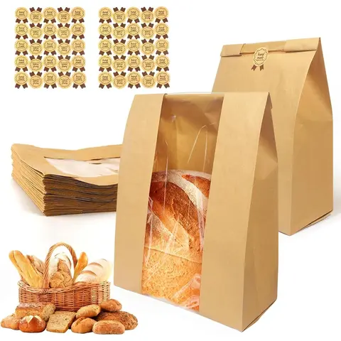 Paper Bread Bag with 50 Sealing Stickers, 30pcs/set Kraft Paper Bread Bag with Window, Large Kraft Bakery Packaging with Window Bag for Storing Loaves & Snacks Bakeware, Baking Supplies, Baking Accessories, Home Baking Supplies