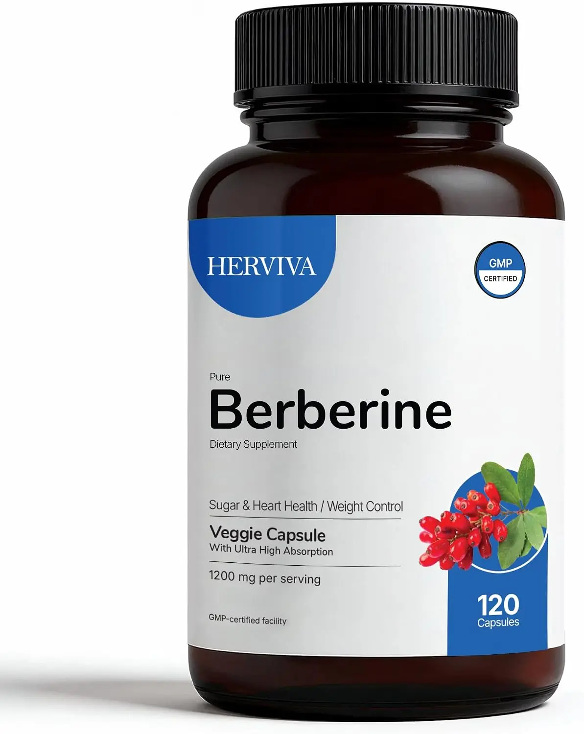 Herviva Pure Berberine HCl 1200mg - 120 Vegan Capsules High Purity Plant-Based Supplement Non-GMO & Gluten-Free GMP Certified