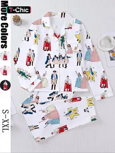 Hamilton Musical Print Women's Pajama Set, Long Sleeve Shirt Collar Button Soft Top & Elastic Pants, Casual Home Wear Loungewear Homewear