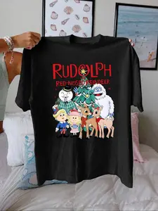 Women's Rudolph & Friends Print Round Neck Tee, Casual Short Sleeve Crew Neck T-shirt for Summer, Fashion Women's Top for Daily Wear