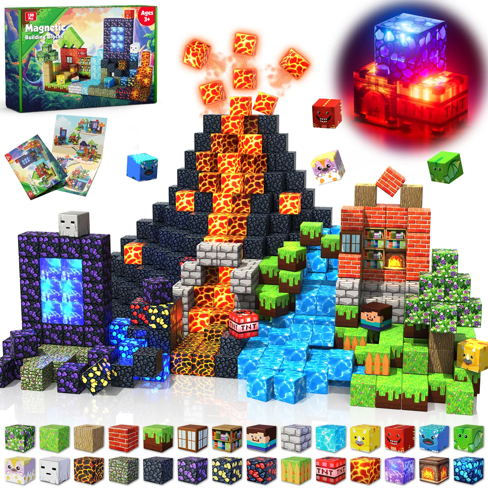150 pcs Magnetic Blocks with 24 Light Blocks - Easter Toys for Kids, Boys and Girls, Magnetic Building Blocks Cubes, Stacking Magnets, Birthday Gifts for Boys and Girls Age 3+ Years Old Summervibes,summerwins