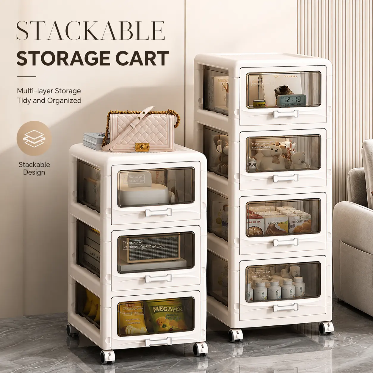 Cream White Adjustable 3-5 Tier Foldable Rolling Storage Cabinet, Tool-Free No Assembly Transparent Magnetic Door Collapsible Storage Organizer, Sturdy Compact Storage Rack for Bedroom, Living Room, Kitchen, Small Apartment, Bathroom Wash Rack campingesse