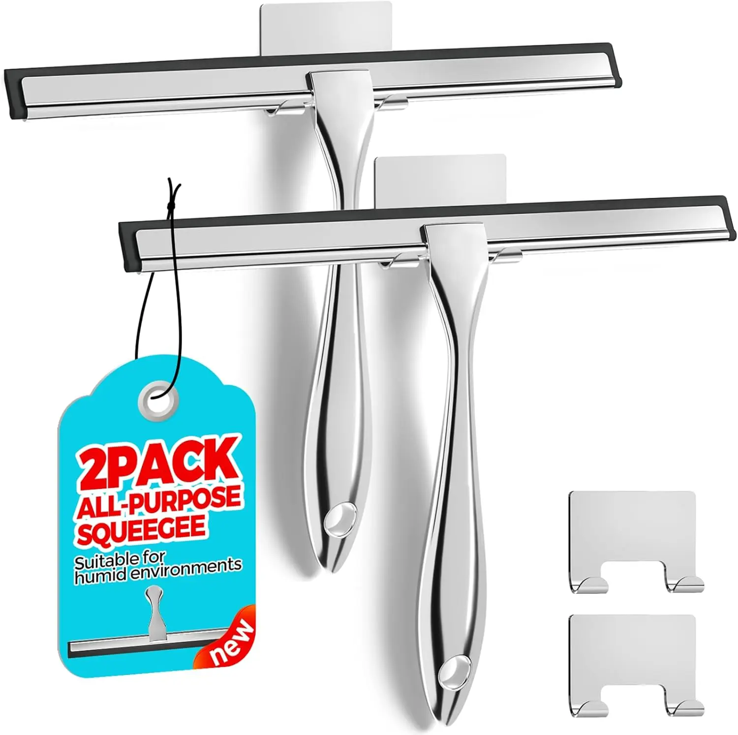 Holikme 2-Pack Shower Squeegee, 10-Inch Stainless Steel Shower Glass Door Scraper, Water Blade for Bathrooms, Windows, Mirrors, Cars & Kitchen Surfaces, Silver