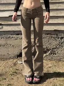 Vintage Y2K Aesthetic Low-Waist Flared Leg Corduroy Pants for Women, Slim-Fitting Drop Waist, Button Fly, Spring & Fall Fashion, Plain H-Type