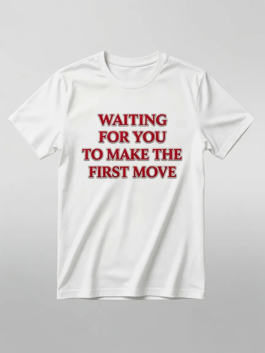 "Waiting For You To Make The First Move" Graphic T-Shirt for Men & Unisex, 180g Slim Fit/230g Thick Heavyweight Washed Cotton Tops - Varsity Vintage Baggy Oversized Retro White Streetwear, Funny Boyfriend Birthday Gift Casual Slogan Apparel