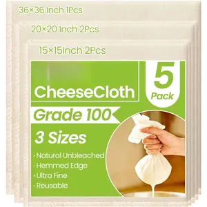 5 count  Cheese Cloths, Grade 100, (15x15Inch x2 + 20x20Inch x2 + 36x36Inch),  Unbleached , Ultra Fine Mesh for Cooking, Straining, Crafts,Baking, Hemmed Edges
