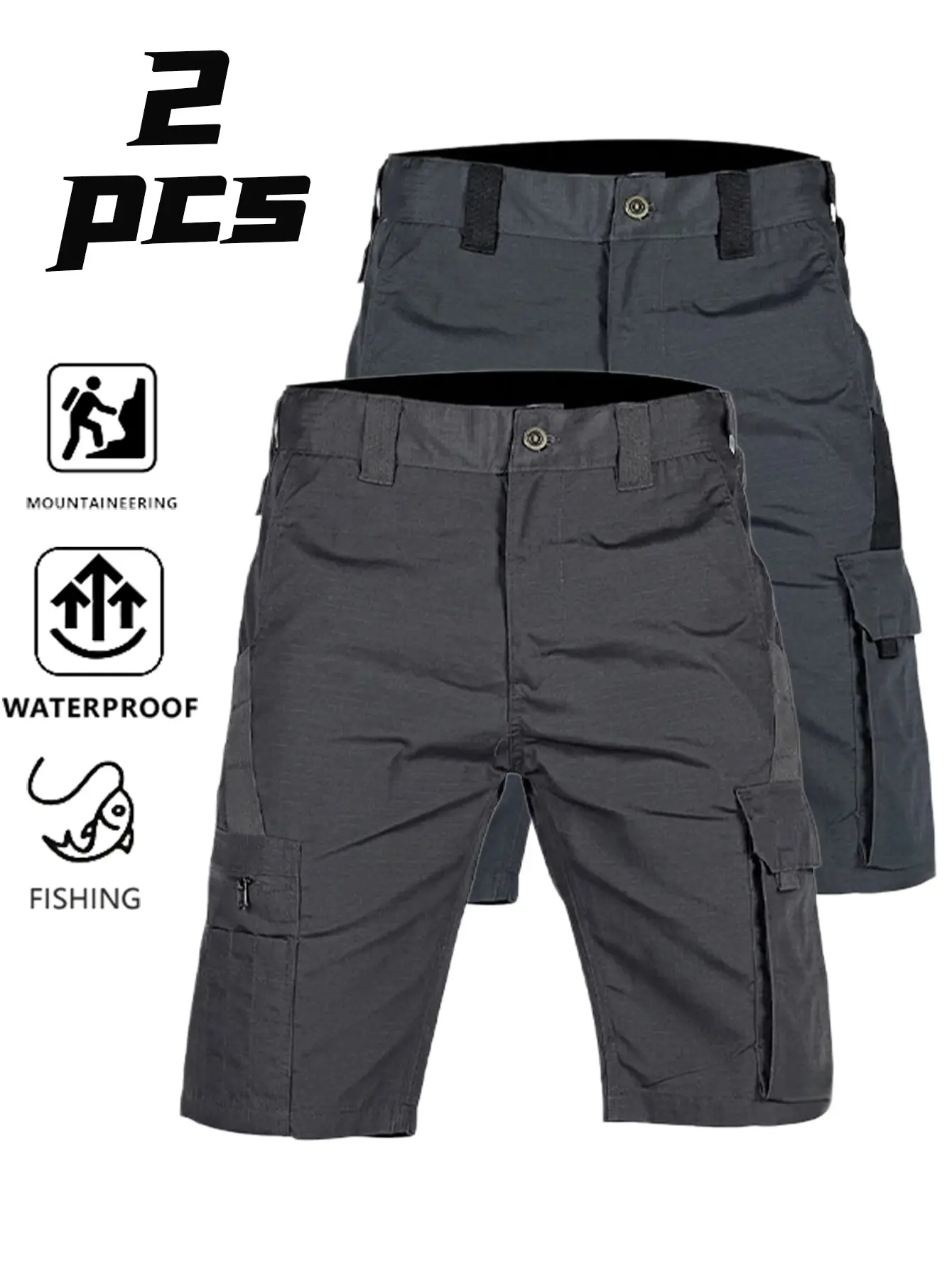 Men's 2-Pack Tactical Shorts - Mid Waist, Loose Fit, Waterproof Poly Quick-Dry Fabric, Multiple Pockets, Standard Sizes for Athletic Casual Wear & Hiking