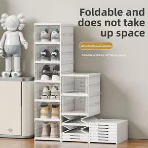 Installation-free folding shoe box 3/6 layers transparent shoe storage box suction acrylic dormitory shoe rack display cabinet foldable integrated moisture-proof and dustproof, transparent and visual, convenient storage, Freestanding Shoe Storage