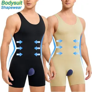Men Tummy Control Bodysuit, Waist Trainer Compression Bodysuit Seamless Shapewear Full Body Shaper Open Crotch Comfortable Solid Breathable Underwear shaping