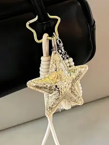 Korean Pearl Sequin Pentagonal Star Bag Pendant, Backpack Decoration Keychain, Sparkly Bag Charm, Girlish Heart Accessories, Hand Woven Rope, Fashion Bag Charms
