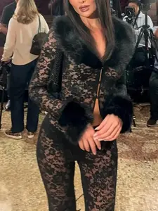 Women's Fashion Print Fur Collar Lace Patchwork Sexy Transparent Long Pants Two-Piece Set, Fall Winter New Arrival