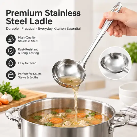 2-Count Stainless Steel Soup Ladle Utensils - Built-in Spout Drip-Free Pouring Design, Long Handle with Hanging Hole for Kitchen Cooking, Serving Soups