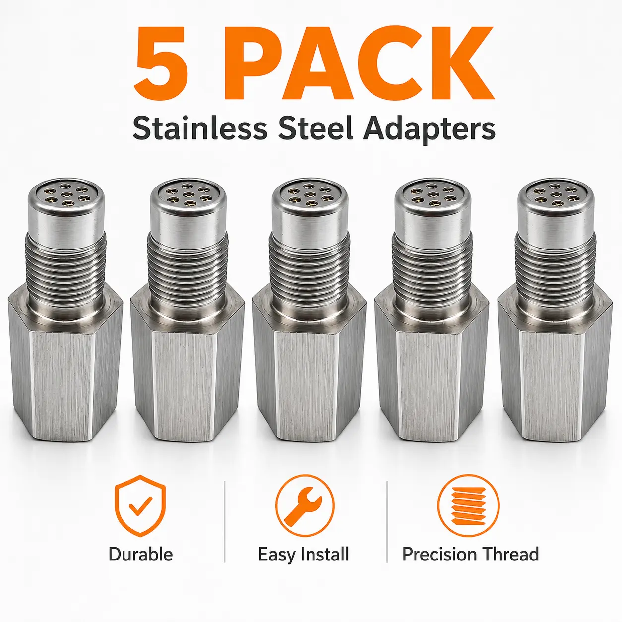 5-Pack Stainless Steel Threaded Adapter Kit with Inserts, Caps, Durable Metal Fittings, Easy-Installation Fasteners for Equipment, Fluid Systems Maintenance