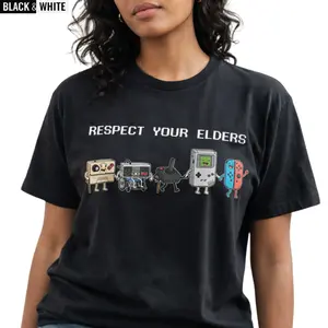 Unisex Menswear Short-Sleeve Vintage Streetwear T-Shirt, Funny "Respect Your Elders" Retro Gamer Top with 80s-90s Pixel Art Controller Graphic, Oversize Cotton Casual Round Neck Aesthetic Gift  gift springglowup,summervibes
