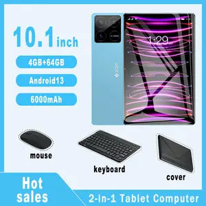 2-in-1 tablet with calling capabilities. The tablet supports cellular network WIFI function, Bluetooth function, SIM card, TF card, 4GB RAM, 64GB ROM, Android 13 tablet. 10.1-inch tablet accessories: keyboard, leather case, mouse, data cable, manual, OTG