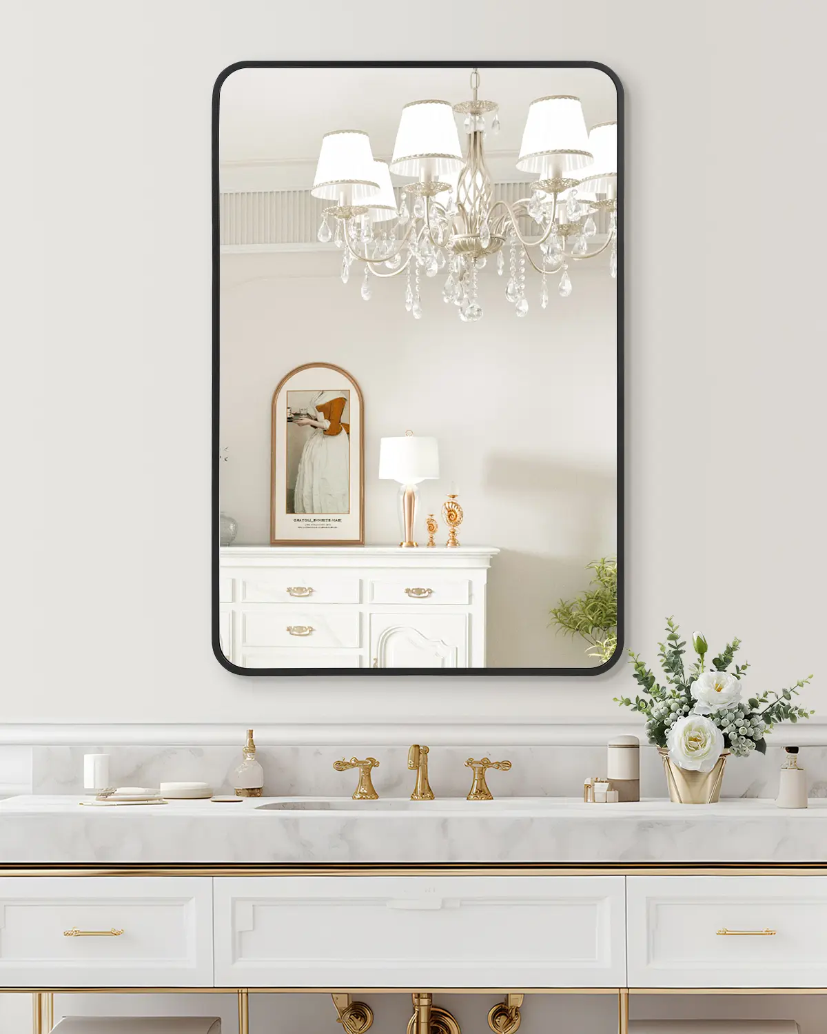 24in x 36in Modern Rounded Corner Black Metal Rectangle Mirror - Compact, Stylish Design, Wall-Mount Bathroom Vanity Mirror for Bathrooms, Entryways, Indoor Horizontal-Vertical Hanging, Modern Mirror