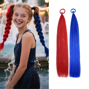 Red/Blue Fashion Tinsel Hair Extensions Ponytail Synthetic Hair Pieces with Rubber Band Braided Ponytail Extension for Women Girls Accessories  Wacky Crazy Hair Daily Party Festival Using 20 inch
