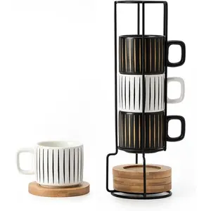 Porcelain Espresso Cup with  and Metal Stand, 4 Ounce Stackable Ceramic Demitasse Espresso Mugs Cups Set for Latte, Specialty Coffee Drinks, Cafe Mocha, - Set of 4, White & Black