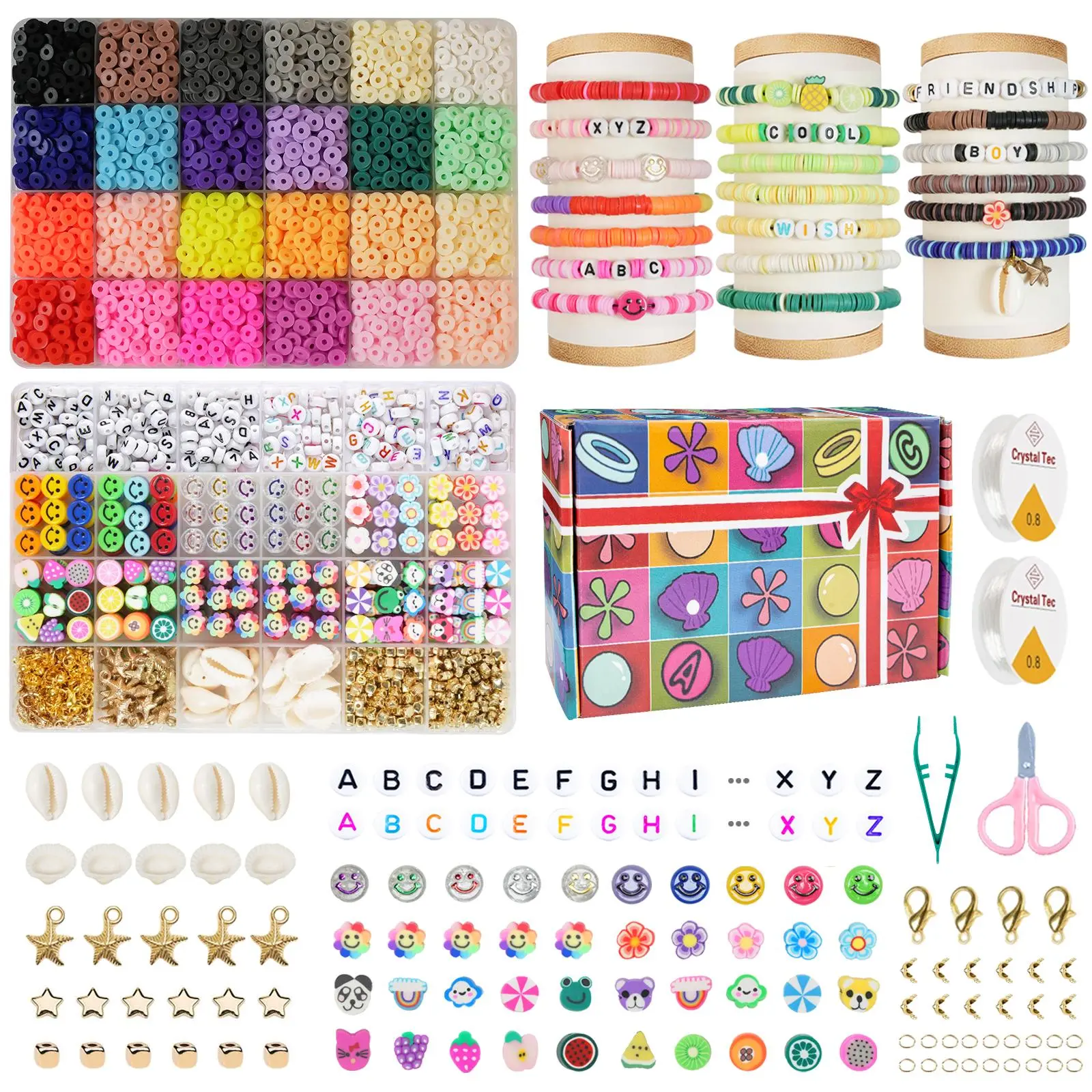 6mm 8900pcs 24-Color Polymer Clay Beads Kit - Letter Beads, Colorfast Jewelry Tools, Black & White Accents, Animal Shapes, Handmade Gifts for All Ages, Supplies for Any Occasion