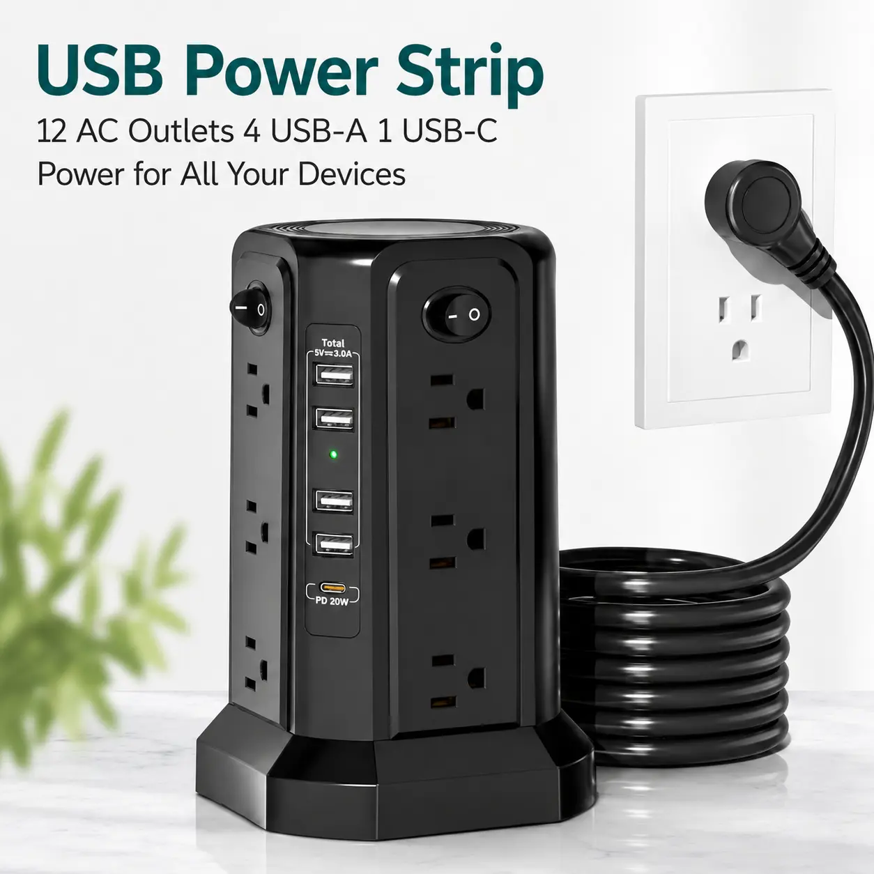 PASSUS Power Tower Surge Protector with 12 AC Multi-Outlets, 5 USB Ports (1 USB-C PD18W), Night Light, 10ft Cord, Protection for Devices, 3.0m Extension Plug, Indoor Use Single Unit